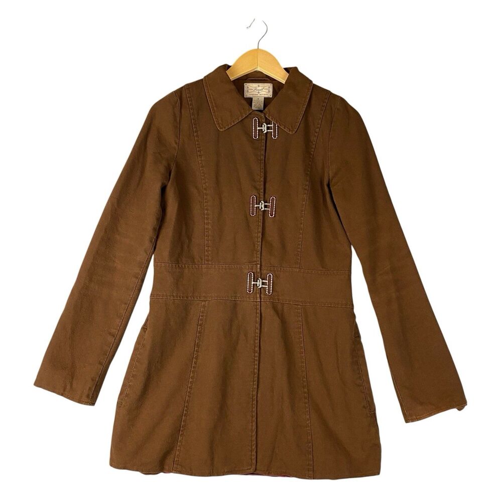 Vintage Fossil Womens M Brown Cotton Canvas Utility Jacket Toggle Clasp Long Y2K